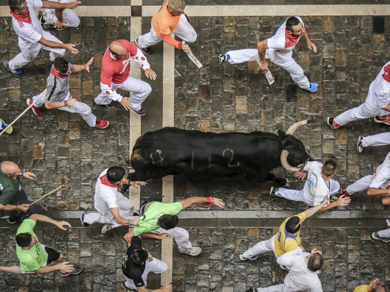The running of the bulls in Pamplona