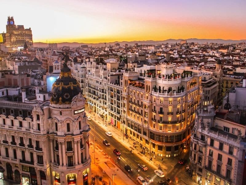 Spain's capital and largest city Madrid at sunset. 