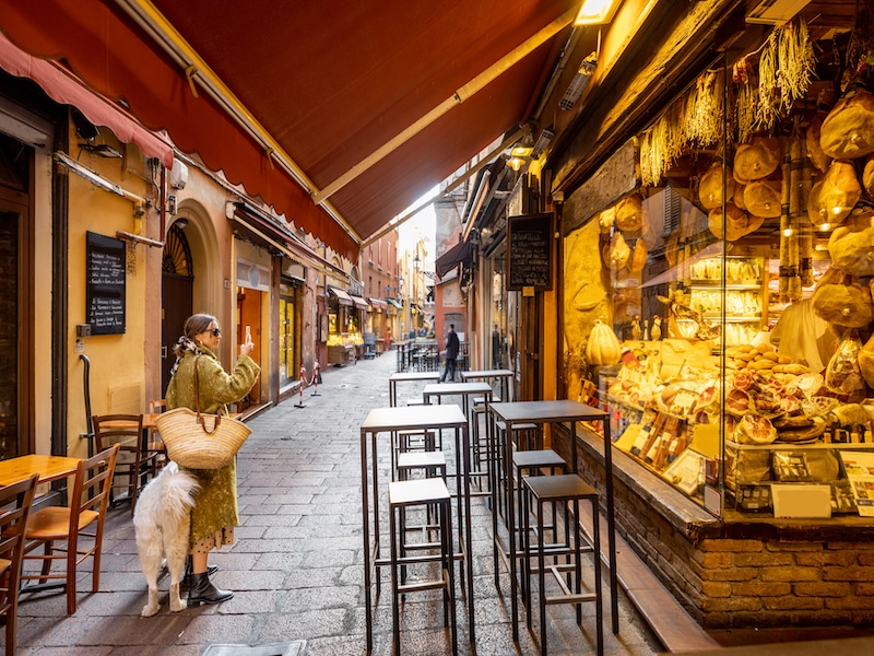 Famous gastronomical street with food stores and restaurants in Bologna city. 