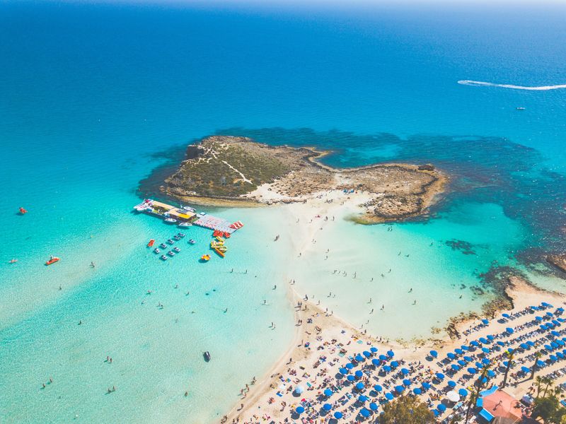 An aerial view of a beach in Cyprus